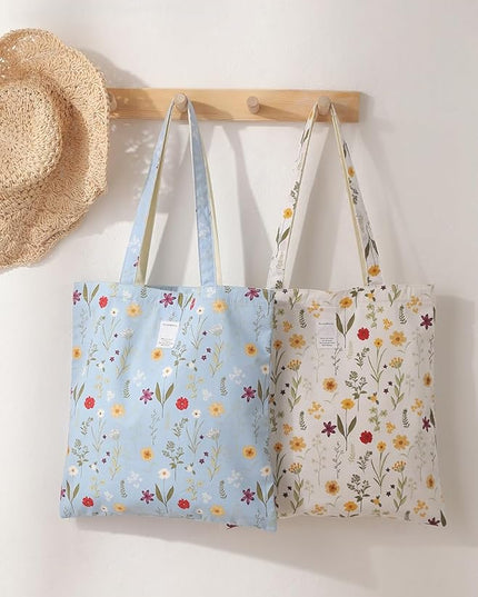 Floral Cotton Canvas Tote Bag for Women: 14x15 Inches Reusable Grocery Bag for Work, School, Travel, Gym