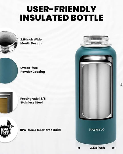Insulated Water Bottle 32 oz, Triple Wall Vacuum Stainless Steel (Cold for 48 Hrs), Leak Proof & Non-BPA, Modern Water Flask Jug with Paracord Handle & Straw Spout Lids, Dark Green