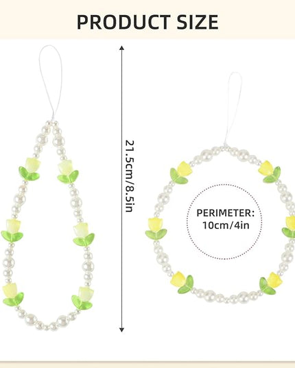 Beaded Phone Charms Cute Aesthetic Tulip Lanyard Strap Girl Wrist Chain, Phone Keychain Decoration for Wallet AirPods-Yellow