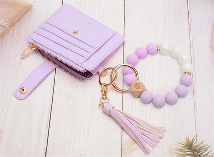 COOLANS Silicone Bracelet Wristlet Wallet Credit Card Holder RFID,ID Window,Key Ring Tassel,Slim Wallet Women Keychain Purse