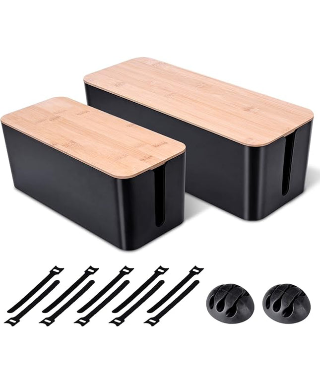 2 Pack Large Cable Management Box – Wooden Style Cord Organizer Box and Cover for TV Wires, Computer, Router, USB Hub and Under Desk Power Strip – Safe ABS Material and Baby-Pets Proof Lock (Black)