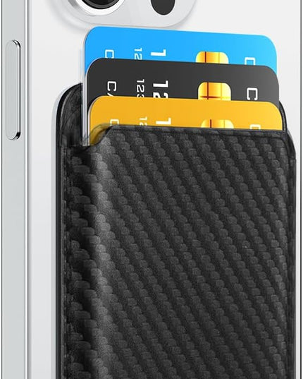 Phone Card Holder, Premium Leather Wallet Stick on, Adhesive Credit Card Holder for Case, Sticky Wallet for Back of Cover, Android Cell Phone, iPhone, Fit 4 Cards, Carbon Fiber Black