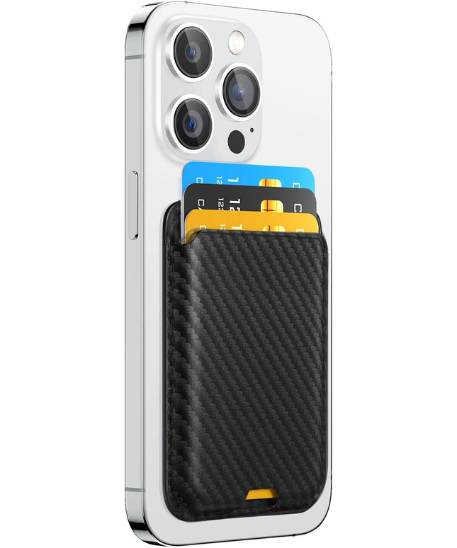 Phone Card Holder, Premium Leather Wallet Stick on, Adhesive Credit Card Holder for Case, Sticky Wallet for Back of Cover, Android Cell Phone, iPhone, Fit 4 Cards, Carbon Fiber Black