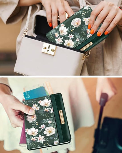 Passport Holder Cover Travel RFID Blocking Passport Cover Rose Gold Cute Flowers Passport Wallet with Elastic Band for Women