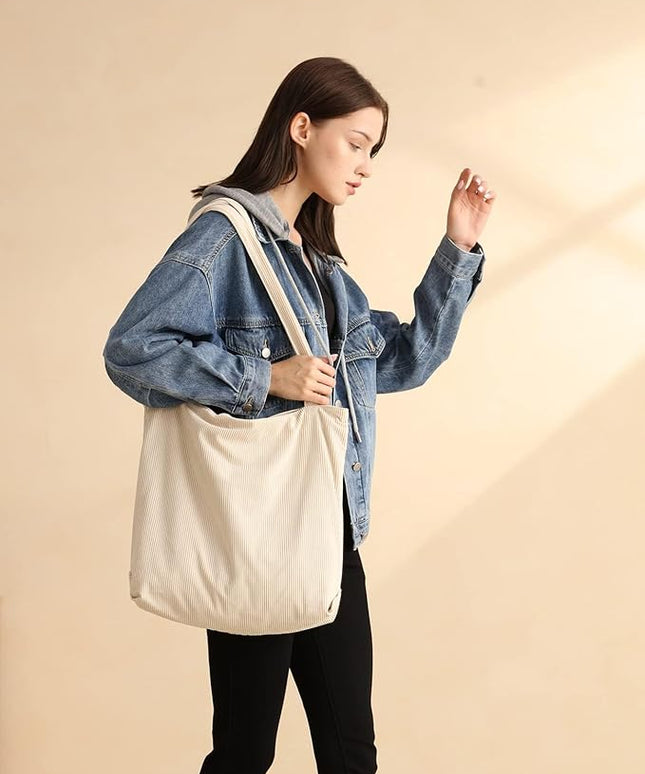 Iioscre Corduroy Tote Bag for Women,Hobo HandBags with Zipper,Large Capacity Casual Shoulder Handbags with Inner Pockets