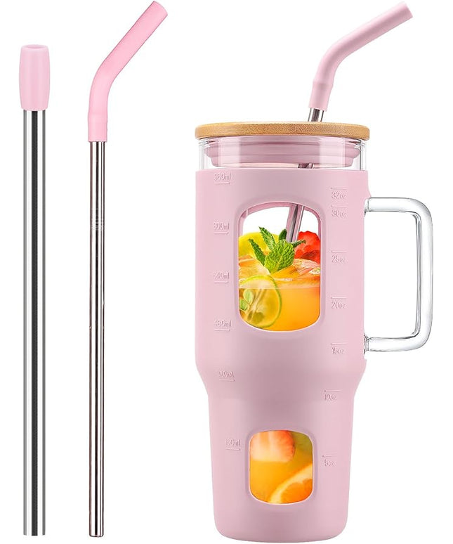 Glass Tumbler with Straw and Lid, 32 oz Glass Cup with Handle, Glass Water Bottles with Time Marker, 2 Straws - Pearl Straw & Drinking Straw Silicone Protective Sleeve-Pink