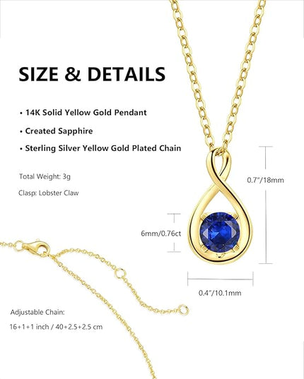 FANCIME 14K Solid Gold Birthstone Pendant with Sterling Silver Chain Infinity Gemstone Necklace Fine Jewelry Anniversary Birthday Christmas Gifts for Women Wife Her