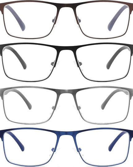 4-Pack Blue Light Blocking Reading Glasses for Men Stylish Metal Frame Readers with Comfort Spring Hinges Anti Glare UV Filter Eyeglasses, +4.0 STRENGTH