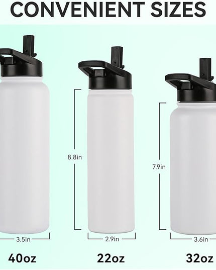 DOMICARE Insulated Water Bottle, 22 oz Vacuum Insulated Stainless Steel Reusable Sports Bottle with Straw Lid & Spout Lid for Travel, Camping, Bike, Leakproof, White, 4 Pack