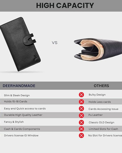 DEERHANDMADE womens wallet (Holds 15-18 Cards, 4 Flat Pockets, 1 ID Windows) Genuine Leather clutch purses for women | Slim long wallets for women | rfid blocking wallet (black wallet)