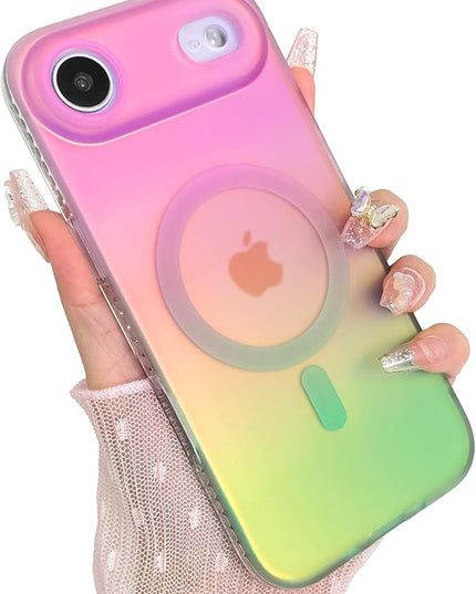 Aesthetic Case for iPhone Air Case for Women Girls [Compatible with Magsafe] Cute Girly Trendy Glitter Sparkly Rainbow Magnetic Protective Phone Cover, Matte Iridescent Pink & Green