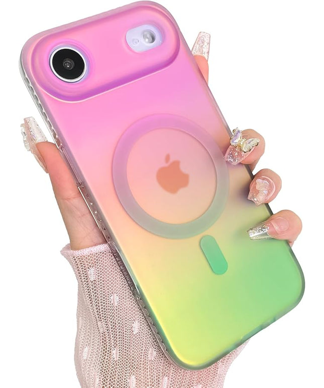 Aesthetic Case for iPhone Air Case for Women Girls [Compatible with Magsafe] Cute Girly Trendy Glitter Sparkly Rainbow Magnetic Protective Phone Cover, Matte Iridescent Pink & Green