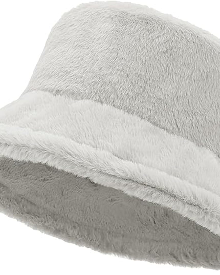 Women Plush Fluffy Bucket Hat Warm Lining Winter Faux Fur Cozy Wide Brim Winter