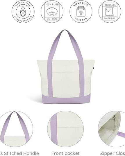 Eco Right Canvas Tote Bag for Women with Zip & Inner Pocket, 100% Organic Cotton Tote Bags for Men, Shopping, Beach
