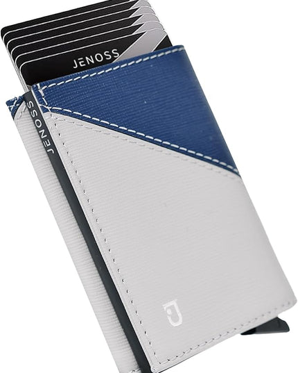Jenoss Smart Wallet For Men: Full Grain Leather, Handcrafted, Slide Metal Pop Up Case, Slim RFID Blocking Credit Card Holder, Minimalist, Compact 12 Cards Slot Organizers, ID, Money Clip (Grey & Navy)