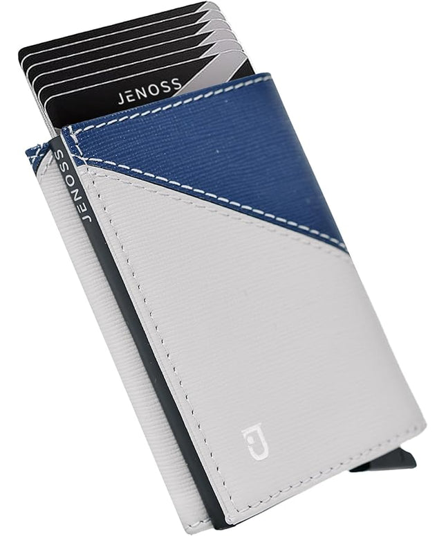 Jenoss Smart Wallet For Men: Full Grain Leather, Handcrafted, Slide Metal Pop Up Case, Slim RFID Blocking Credit Card Holder, Minimalist, Compact 12 Cards Slot Organizers, ID, Money Clip (Grey & Navy)