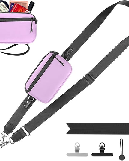 Clip and Go Strap for Phone with Wallet Crossbody, Adjustable Phone Lanyard with Detachable RFID Wristlet Wallet & Ultra-Thin 360° Rotatable Metal Tabs for All Smartphones (Purple)