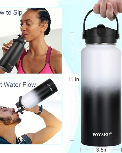 Water Bottle Insulated 32oz 40oz 64oz 128oz Straw Lid Spout Lid & 3 Lids, Leak Proof, Vacuum Insulated,Stainless Steel Water Bottle Wide Mouth for Sports, Gym or Office