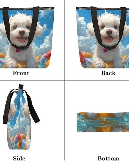 Pardick Summer Surfing Dogs Canvas Tote Bag, Eco Friendly Reusable Grocery Shopping Bags Beach Bag Book Tote Handbags Washable Shoulder Bag With Zipper Inner Pocket for Women Girls