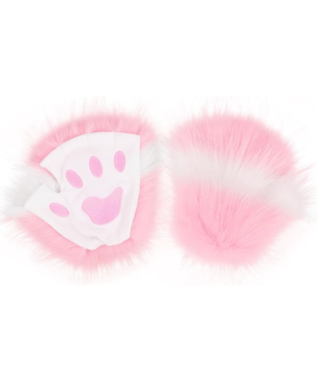 HAOAN Wolf Paw Gloves Faux Fur Cat Fingerless Mittens Winter Warm Cosplay Halloween Fancy Party Costume Accessories