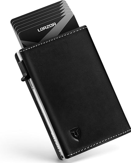 LORZOR Wallet for Men with Metal Card Holder, Pop Up Wallet, Finest Full Grain Leather Trifold Wallet, Smart, Minimalist, RFID Blocking, Front Pocket, ID Window, Black/Silver
