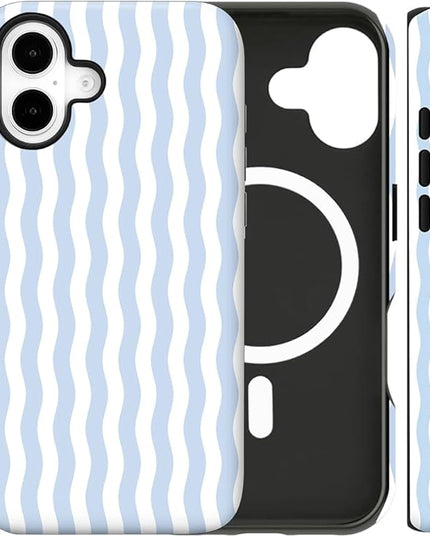 Magnetic for iPhone 16 Case Cute Wavy Stripes Phone Case, Shockproof Slim TPU and Hard PC Protective Phone Cover Compatible with MagSafe Designed for Women Girls, Blue
