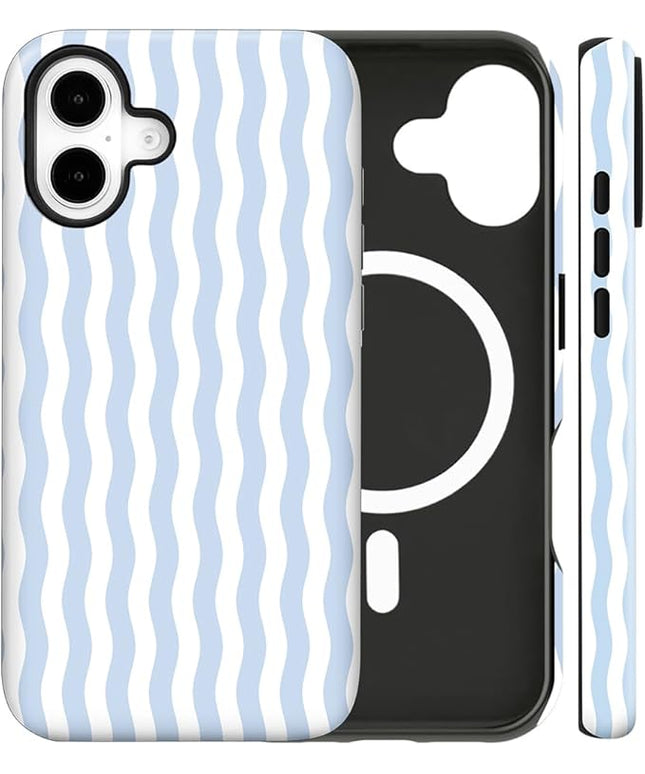 Magnetic for iPhone 16 Case Cute Wavy Stripes Phone Case, Shockproof Slim TPU and Hard PC Protective Phone Cover Compatible with MagSafe Designed for Women Girls, Blue