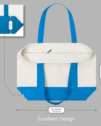 TOPDesign 3-Pack Canvas Tote Bags with an External Pocket, Reusable Grocery Shopping Bags, Top Zipper Closure, Daily Essentials (Ocean Blue/Natural)