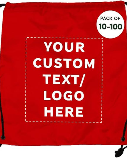 DISCOUNT PROMOS Custom Classic Polyester Drawstring Bagpack Set of 10/50/100, Personalized Bulk Pack - Great for Travelling, Gym and for Everyday Use - Red