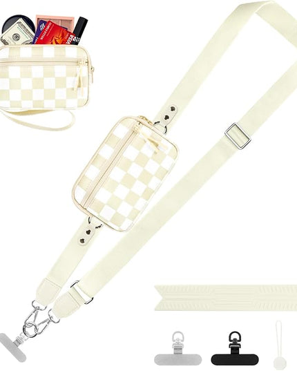 Clip and Go Strap for Phone with Wallet Crossbody, Adjustable Phone Lanyard with Detachable RFID Wristlet Wallet, Phone Strap with Phone Tabs for All Phones, Cream Checkered (M)