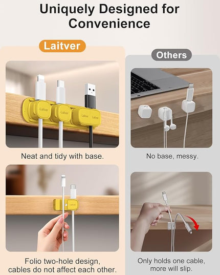 6 Pack Magnetic Cable Clips [1s Open/Lock], Laitver Cord Organizer Holder Strong Adhesive Desk Cable Management- Organize Charging Cords Neatly for Home, Office, Car,Desk, Nightstand-Yellow