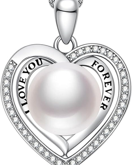 Gifts for Wife Pearl Double Heart I Love You Forever Necklace Jewelry for Women Anniversary Women Necklaces Birthday Gift Ideas, Mothers Day Valentines Christmas for Girlfriend Mom Daughter