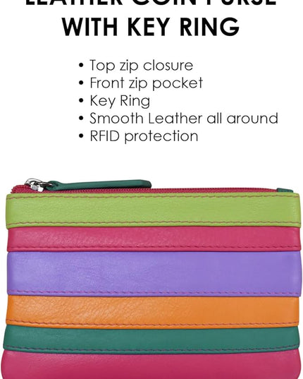 ili New York Mini Leather Coin Purse, Compact Design with Key Ring and RFID Protection for Women and Men in Vibrant Colors, Palm Beach