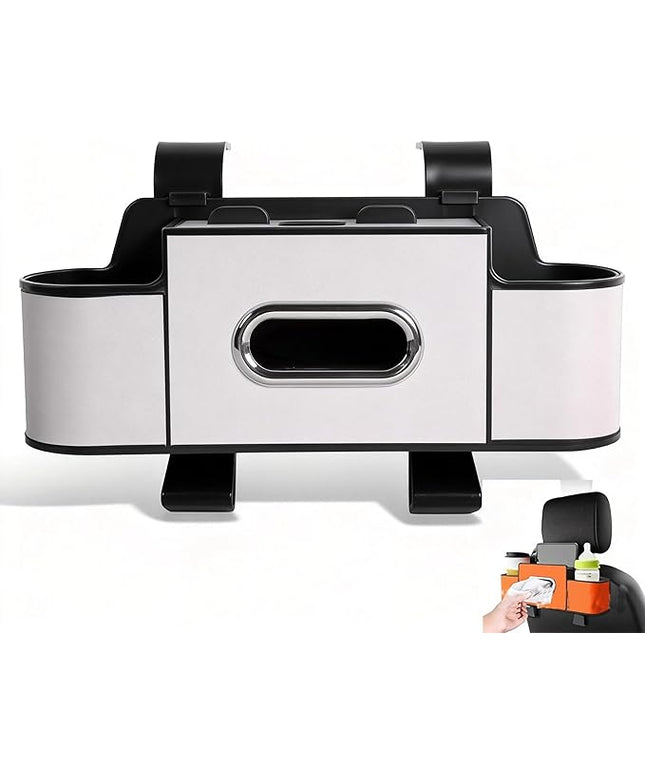 Car Organizer, 3-in-1 Backseat Car Organizer with Dual Cup Holders, Tissue Box & Phone Holder - Multifunctional Waterproof Storage for Daily Driving & Travel (Grey)