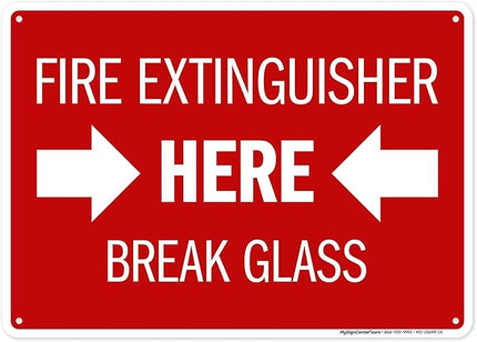 Fire Extinguisher Here Break Glass Sign, 10x14 Inches, Rust Free .040 Aluminum, Fade Resistant, Made in USA by My Sign Center