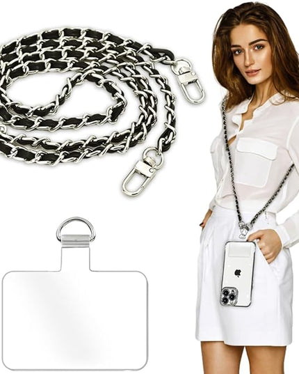 Phone Crossbody Chain Cell Phone Lanyard,Leather+Metal Shouder Strap Universal Abjustable Phone Chain Strap with Cellphone Tether Patches Compatible with Most Phones Bag Purse Silver+Black