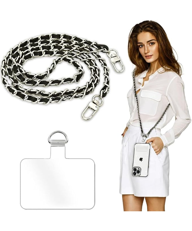 Phone Crossbody Chain Cell Phone Lanyard,Leather+Metal Shouder Strap Universal Abjustable Phone Chain Strap with Cellphone Tether Patches Compatible with Most Phones Bag Purse Silver+Black