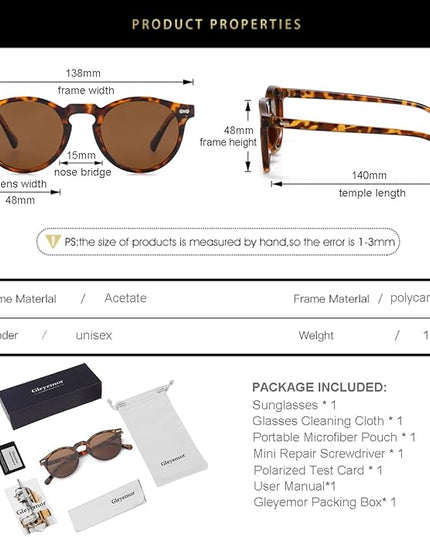 Gleyemor Vintage Polarized Sunglasses for Men Round Sunglasses UV400 Protection Retro Hand-crafted Acetate Frame