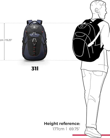 Swissdigital Design Laptop Backpack with USB Charging Port, Travel Backpack Fits 15.6 inches Computer, 31L College School Backpack for Men, Blue/Black | SD803-12 | Water Repellent