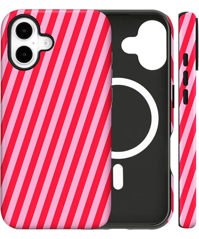 Magnetic for iPhone 16 Case Cute Diagonal Stripes Phone Case, Shockproof Slim TPU and Hard PC Protective Phone Cover Compatible with MagSafe Designed for Women Girls,Red