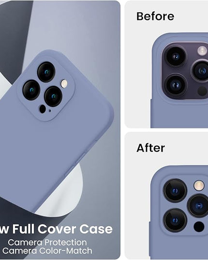 FireNova for iPhone 14 Pro Case, Silicone Upgraded [Camera Protection] Phone Case with [2 Screen Protectors], Soft Anti-Scratch Microfiber Lining Inside, 6.1 inch, Lavender Gray