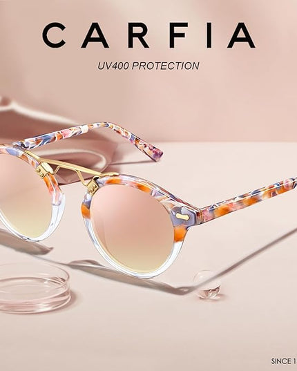 CARFIA Small Face Acetate Polarized Sunglasses for Women UV Protection, Retro Double Bridge Eyewears Metal Brow Round Sunnies