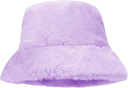 Women Plush Fluffy Bucket Hat Warm Lining Winter Faux Fur Cozy Wide Brim Winter