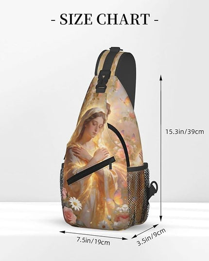 Our Lady of Guadalupe Sling Bag Crossbody Bags Clovers Chest Bag for Travel Hiking for Men Women Golden Mary 8