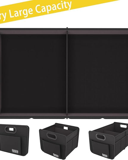 Homeve Trunk Organizer, Car Storage, Reinforced Handles, Collapsible Multi-Compartment, Foldable, Waterproof, Sturdy, 600D Oxford Polyester For Car, SUV, Mini-Van, Black, 2 Compart-Small