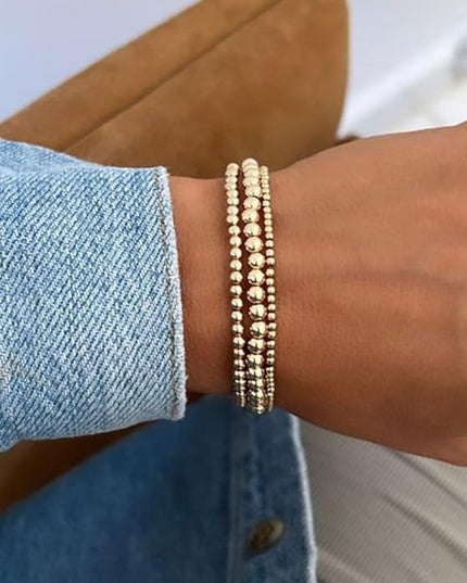 Gold Beaded Bracelets for Women, 14K Real Gold Plated Jewelry for Women Dainty Pearl Bead Bracelets Stack, Non Tarnish Trendy Stackable Ball Cross Stretch Bracelet Set Fashion Accessories Gifts