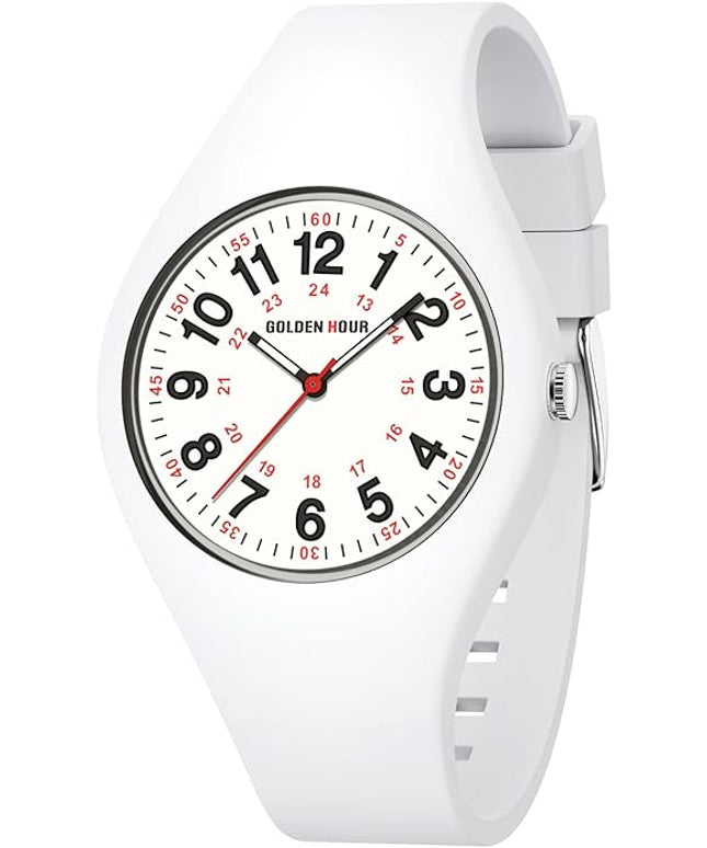 GOLDEN HOUR Waterproof Sports Analog Unisex Watches for Nurse Medical Professionals, Students - Military Time Glowing Easy to Read Dial, Jelly Silicone Strap