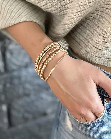 Gold Beaded Bracelets for Women, 14K Real Gold Plated Jewelry for Women Dainty Pearl Bead Bracelets Stack, Non Tarnish Trendy Stackable Ball Cross Stretch Bracelet Set Fashion Accessories Gifts