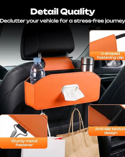 Car Seat Back Organizer with Tissue Box, Multifunctional Backseat Organizer for Car Interior Storage, Seat Back Storage Organizer for Phone, Drinks, Snacks & Handbags (White)