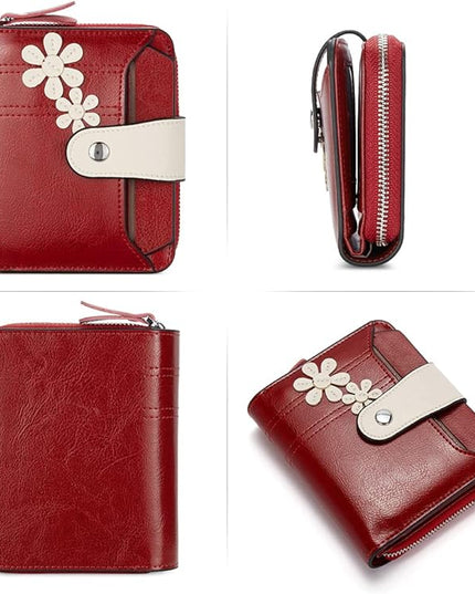 BOSTANTEN Leather Wallets for Women RFID Blocking Zipper Pocket Small Bifold Wallet Card Case Floral Red